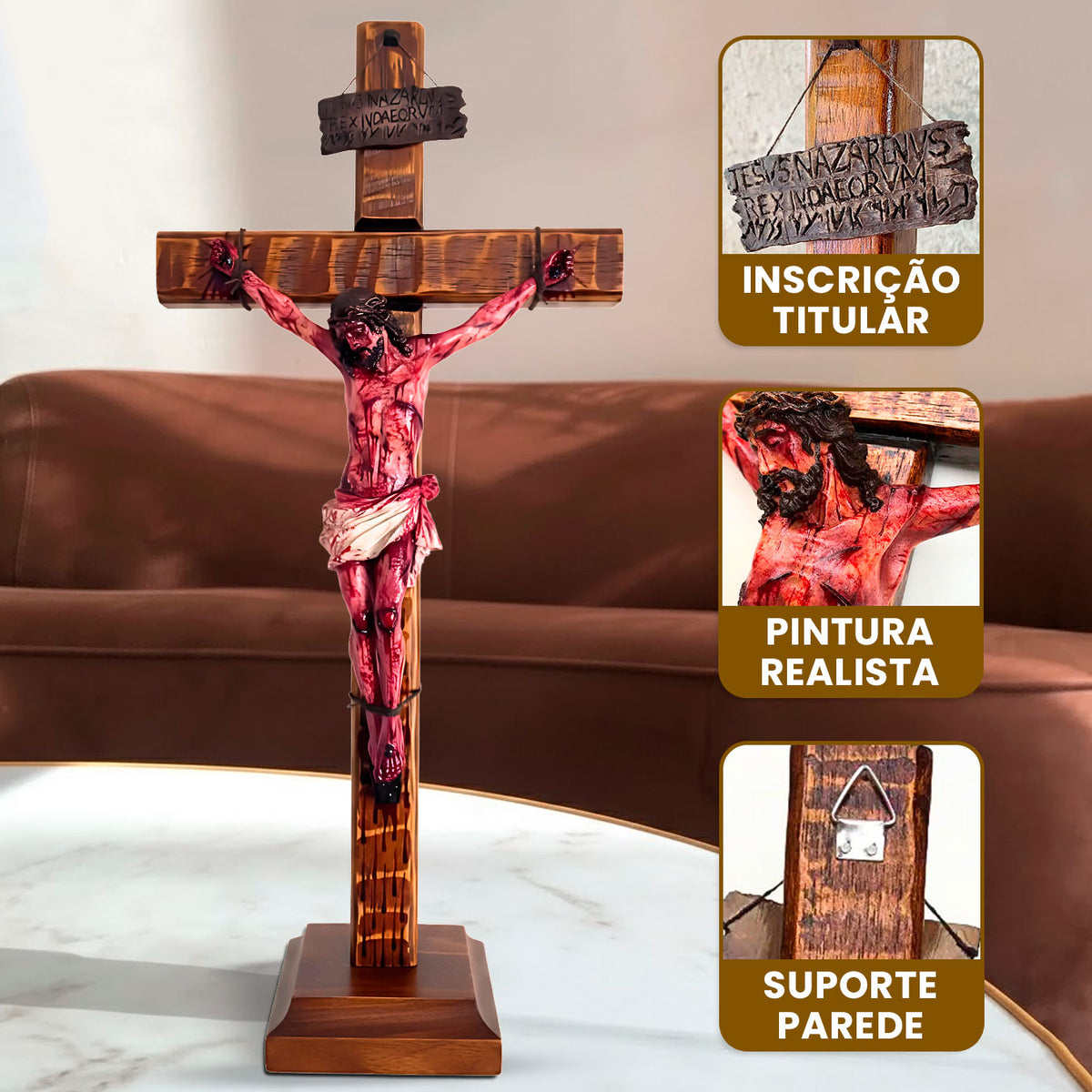 Crucifixo Realista Artesanal "VITÓRIA DA CRUZ" (2 em 1 Mesa/Parede)